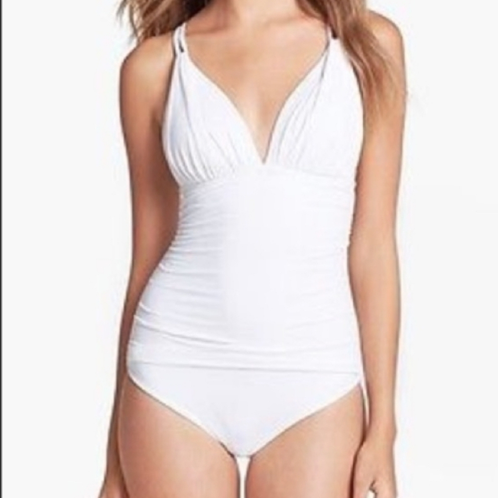 LA Blanca White One Piece Maillot Plunge Swimsuit Women Size 4